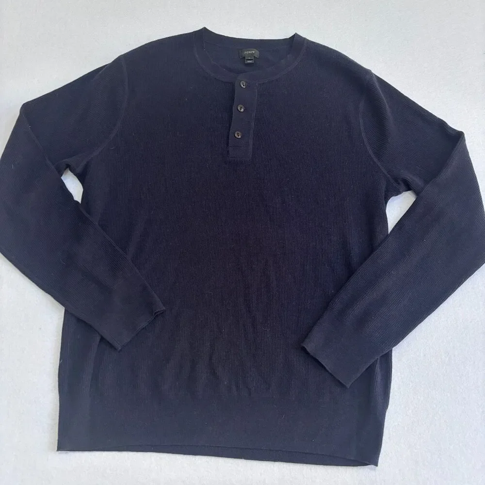 J. Crew Wool Blend Henley Sweater Mens L Navy Blue Long Sleeve Casual Cozy